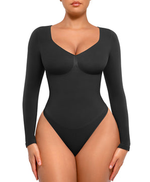Long Sleeve Deep V Neck Tummy Control Bodysuit