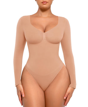 Long Sleeve Deep V Neck Tummy Control Bodysuit