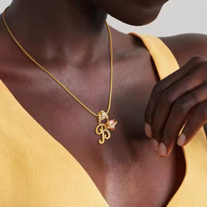 22K Gold Plated Stainless Steel Snake Chain Initial Alphabet CZ Pink Heart Pendant Necklace